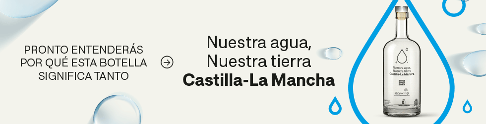 Botella de agua Castilla-La Mancha con gotas y mensaje promocional