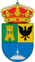 Escudo de Fuentealbilla con torre, águila, fuente y corona.