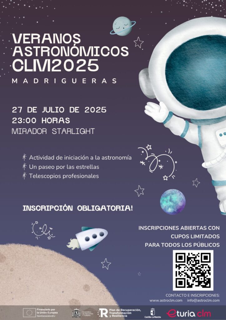 Cartel de evento astronómico en Madrigueras con astronauta ilustrado.