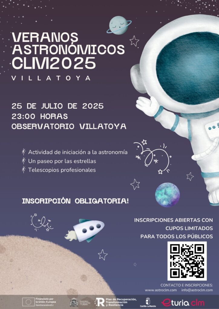 Cartel observatorio astronómico en Villatoya con astronauta y cohete