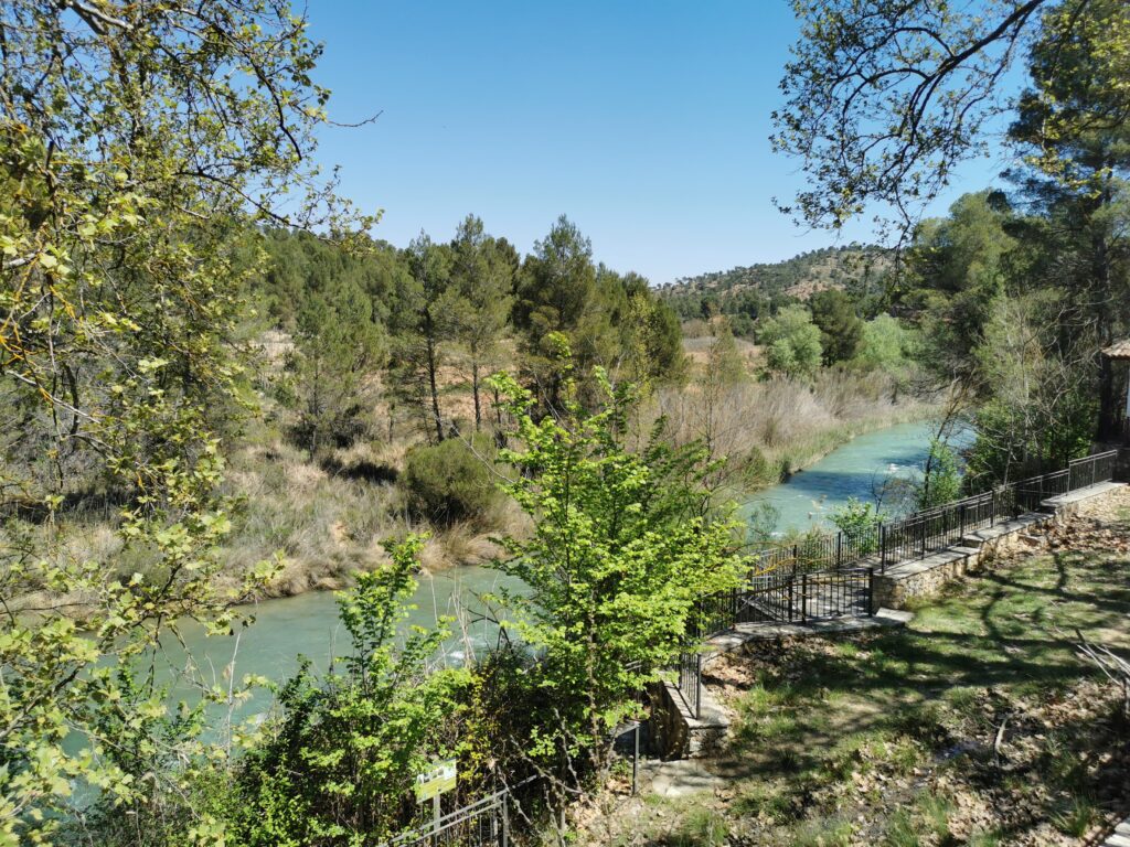 Paisaje de río de aguas turquesa entre pinares y matorral, con barandilla y sendero de piedra en la orilla, cielo azul y colinas arboladas en Villatoya.